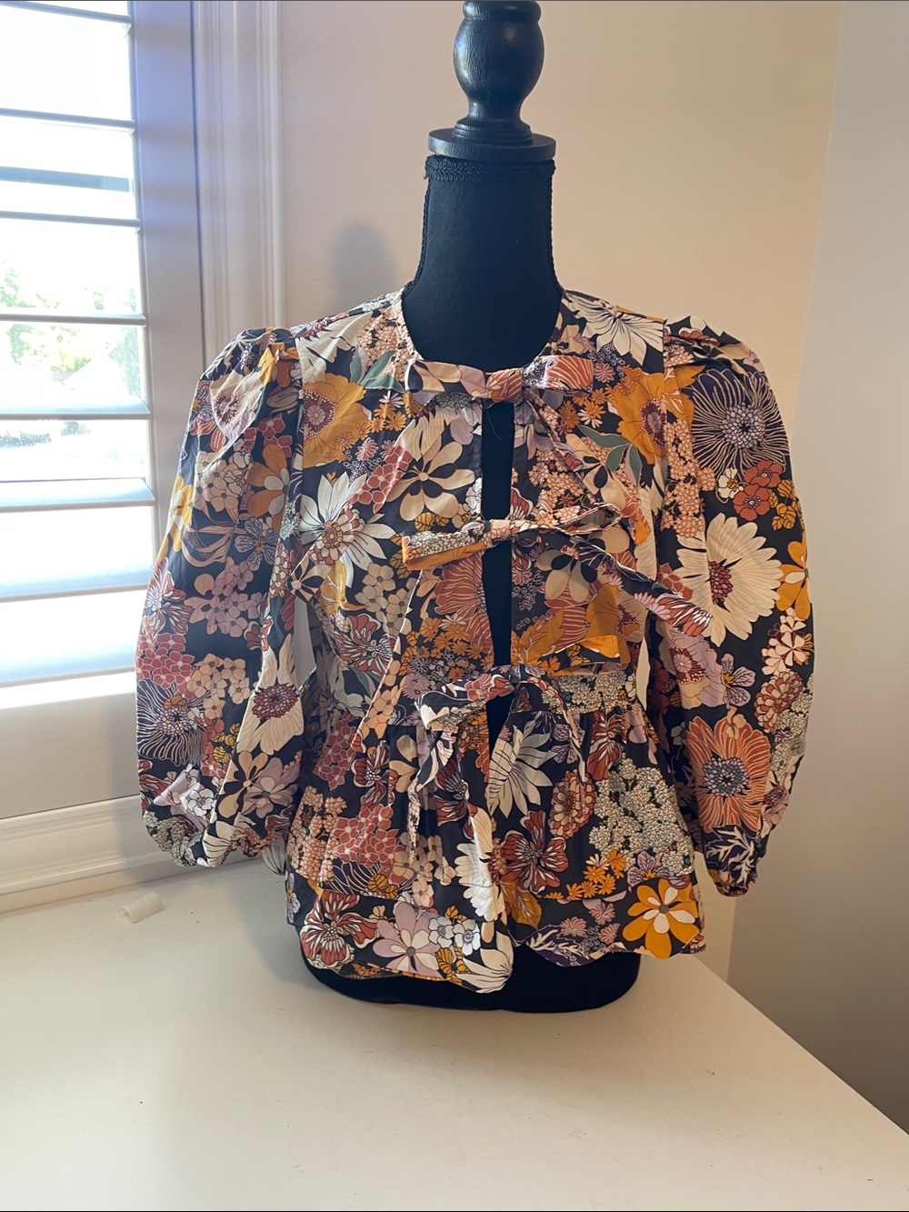 Listicle Floral Tie-Front Puff Sleeve Blouse - Brown, Mustard, Light Lavender